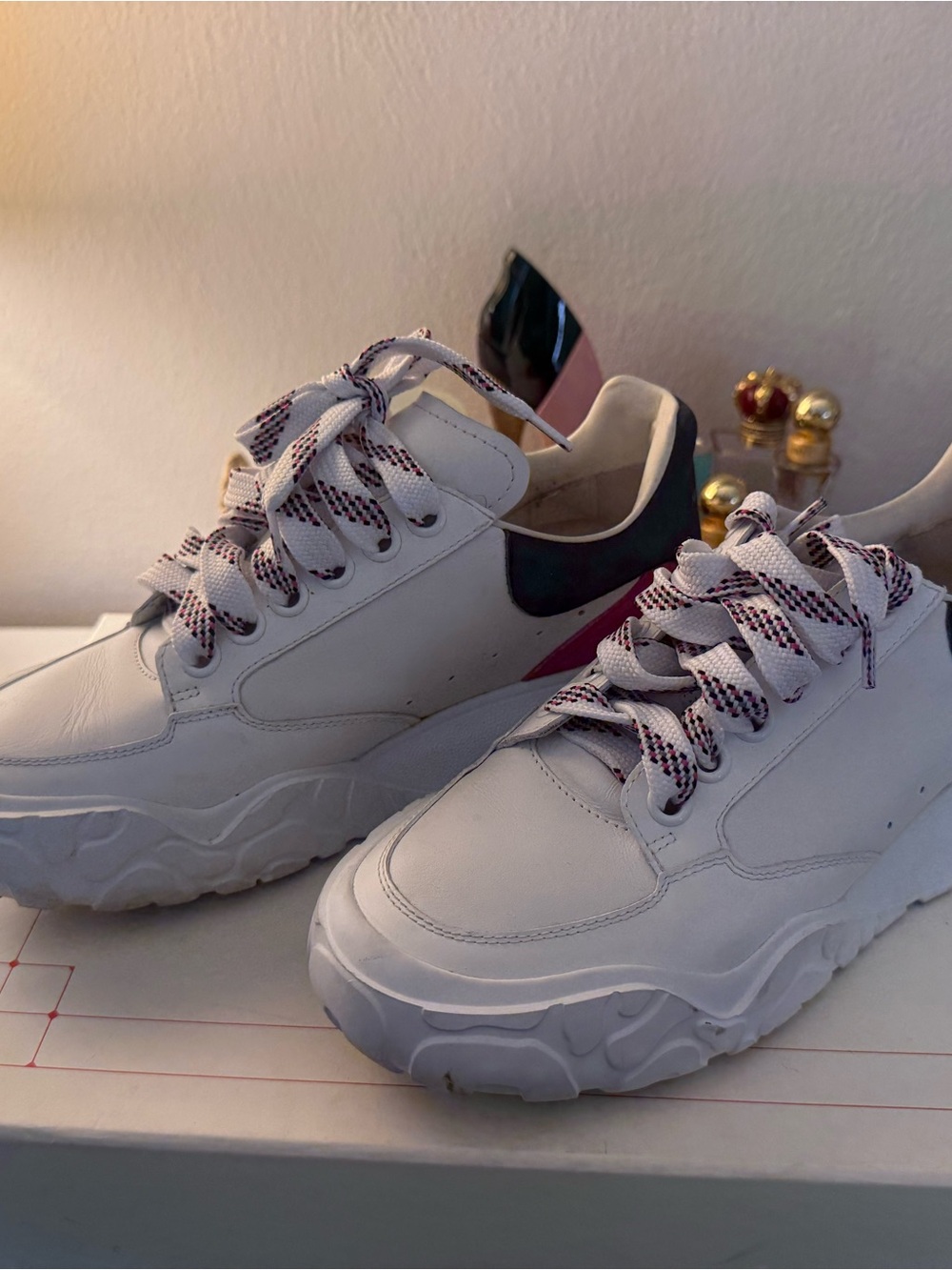 White Women's Chunky Lace-Up Sneakers with Pink